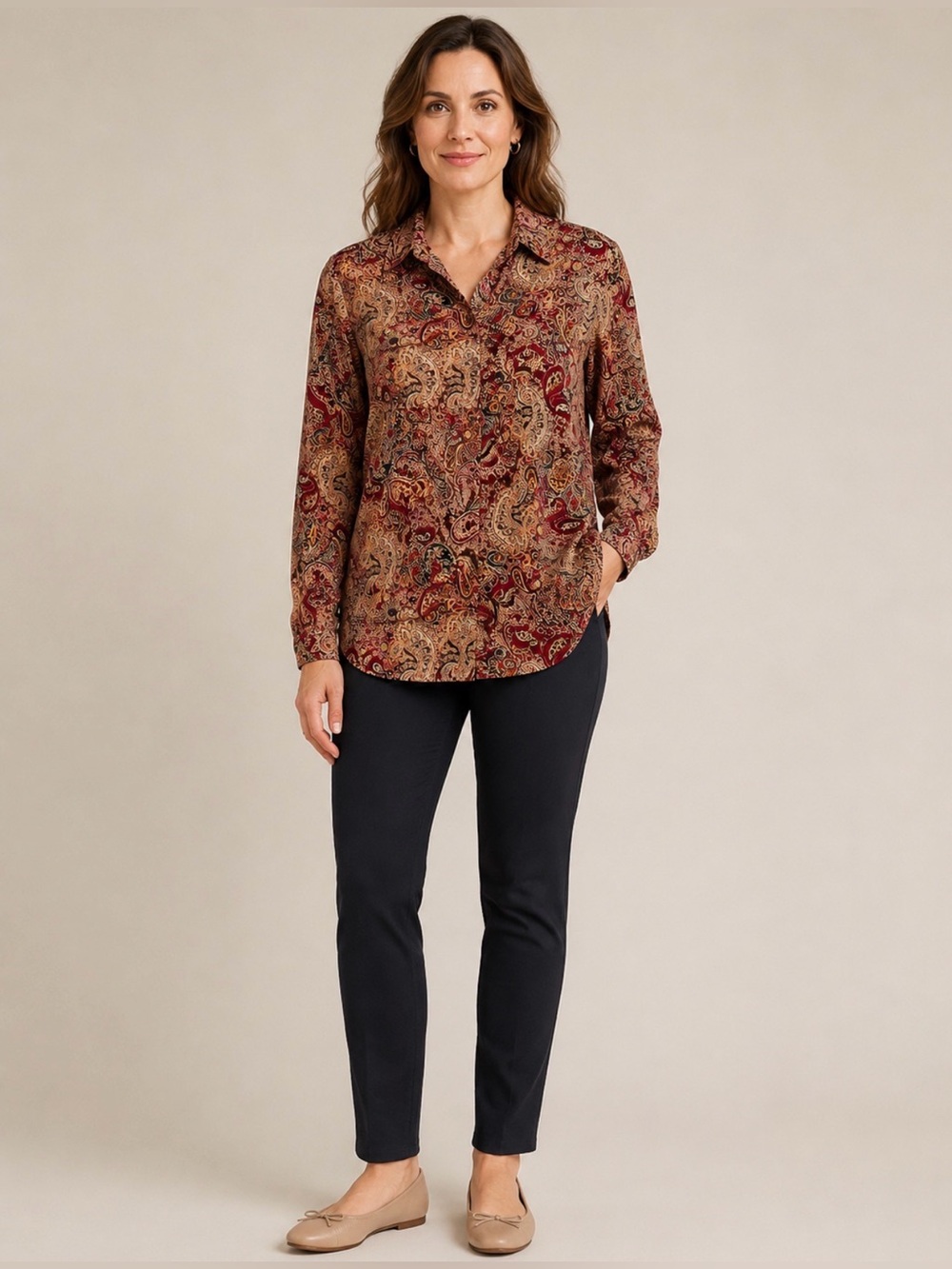 JM Collection Woman 2X Paisley Roll-Tab Sleeve Burgundy Boho Plus Size Blouse
